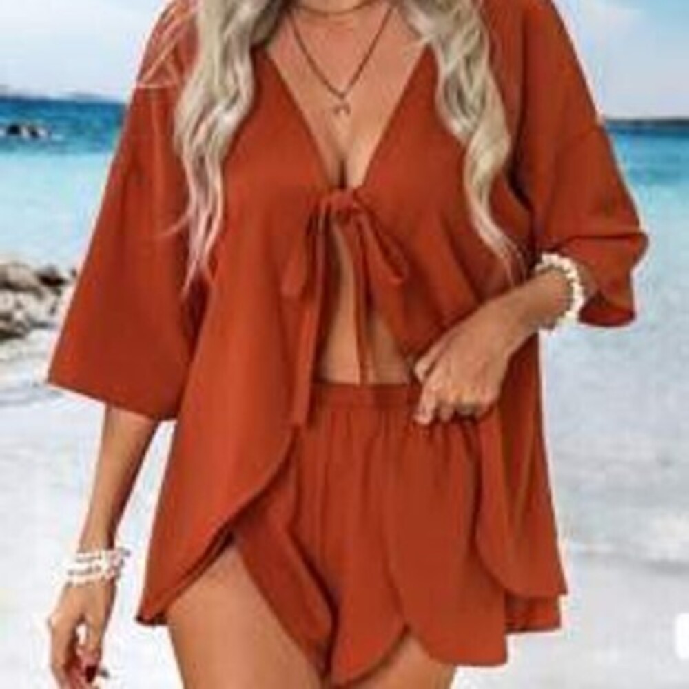 SHEIN VCAY 2pcs Set Women Solid Woven V-Neck Cropped Short Sleeve Shirt & High …